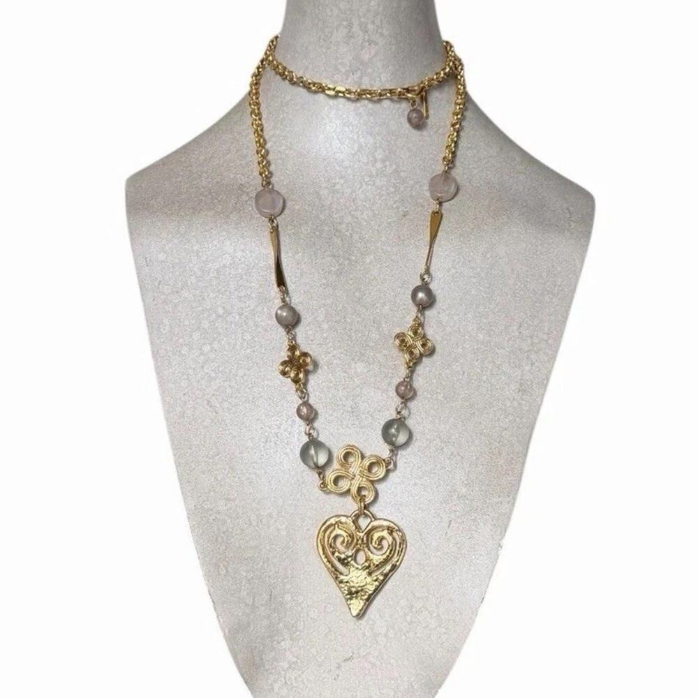 Vintage Casual Corner Gold Tone Heart Pendant Beaded Statement Necklace